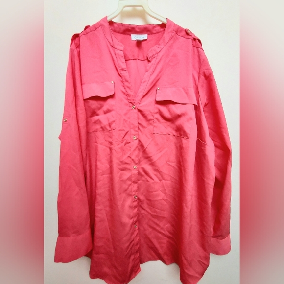 Calvin Klein Plus Ladies 3X Red Long Sleeve Button Down Blouse W/Pockets - Picture 2 of 11